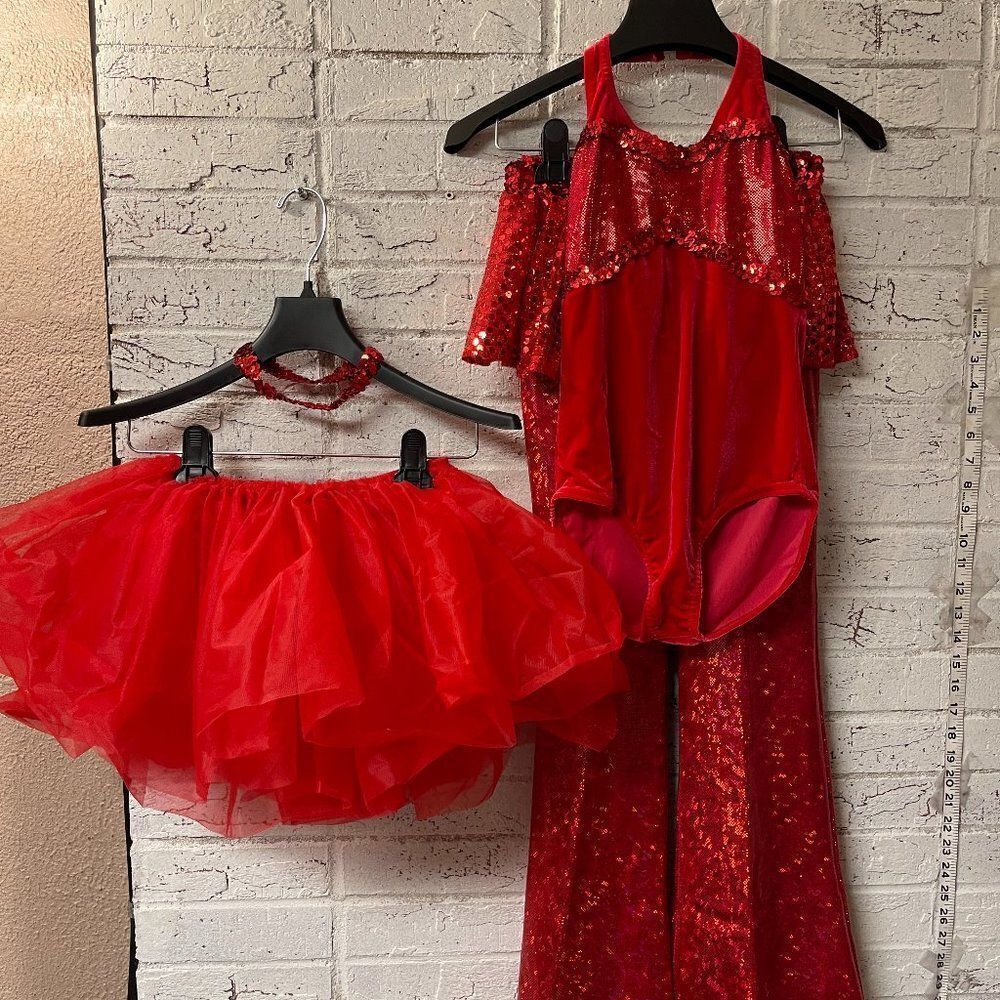 4 Piece Red Sequin Dance Costume Tulle Skirt, Pants, Skirt, Leotard,  Sz. Large
